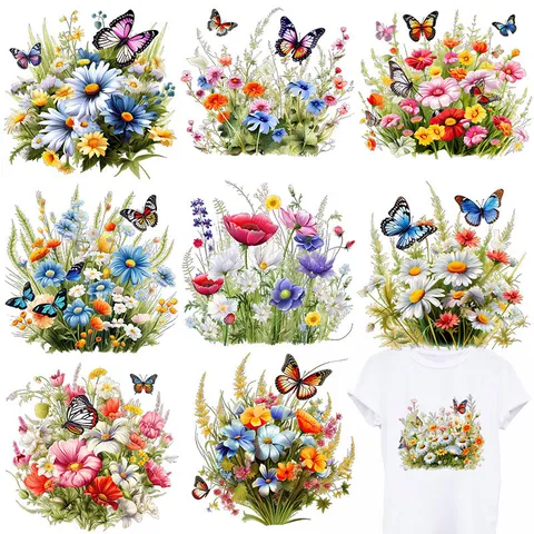 Parches de Transferencia de Calor Acuarela Mariposa Floral DTF Tinta Blanca Pegatinas Para Ropa Bolsas Decoración DIY