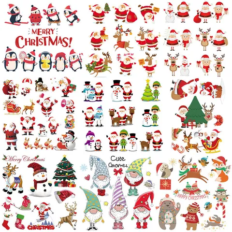 Parches de Navidad de Transferencia de Calor para Ropa Bricolaje Lavable Dibujos Animados Papá Noel Pingüino Muñeco de Nieve Reno PET Parches