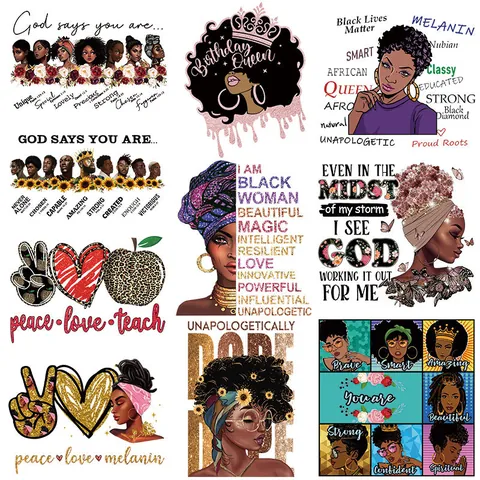 African American Woman Heat Transfer Patches For Clothing DIY Iron On Patch Religious Inspirational Quotes Floral Butterfly Afro Queen DTF Sticker