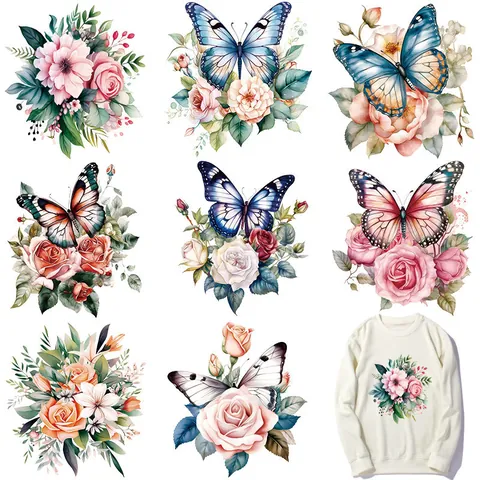 Watercolor Butterfly Flower Heat Transfer Patches For Clothing Washable DTF Iron On Decals DIY Decorative Stickers For T-Shirts Bags