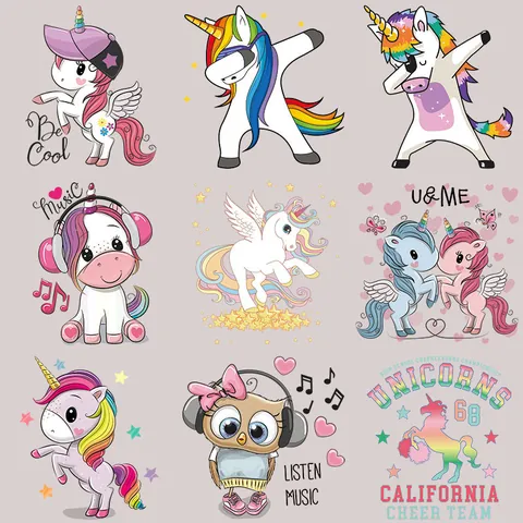 Cartoon Unicorn Owl Heat Transfer Patches Colorful Iron On Appliques For T-Shirt Clothing DIY Decoration Washable Stickers