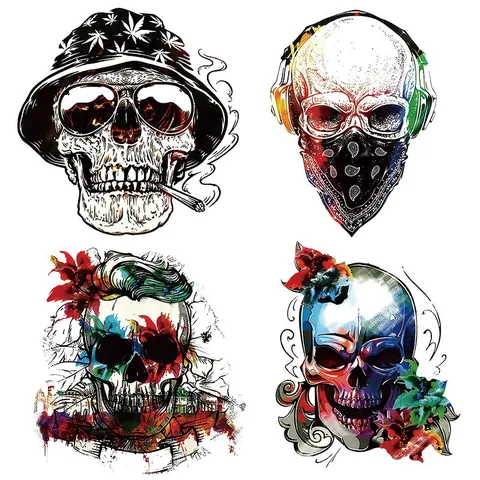 Street Skull Wärmeübertragungspatches Bunte Florale Totenkopf Aufbügler Für T-Shirts Bekleidung DIY Dekoration Wärmeübertragung