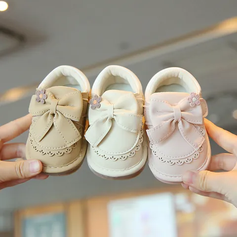 Toddler Girls Princess Squeaky Shoes Soft Sole Anti-Slip Synthetic Leather First Walkers Bow Flower Spring Autumn Baby Shoes
