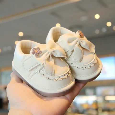 Toddler Girls Princess Squeaky Shoes Soft Sole Anti-Slip Synthetic Leather First Walkers Bow Flower Spring Autumn Baby Shoes