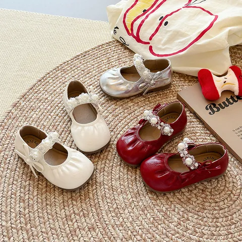 Girls British Style Mary Jane Princess Shoes Ruffle Artificial Pearl Rhinestone Bow Round Toe Flat Single Shoes Spring Autumn