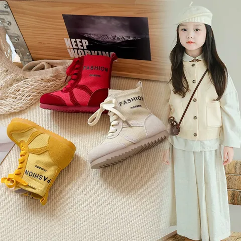 Early Autumn Kids Martin Boots Suede Denim Patchwork British Retro Style High Top Short Boots Side Zipper Rubber Sole For Boys Girls