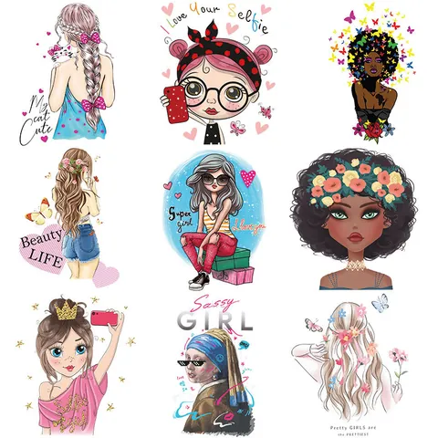 Écussons de Transfert Thermique Fille de Dessin Animé pour Vêtements Lavables DTF Autocollants à Repasser pour Sacs T-Shirt DIY Décoration Appliquée