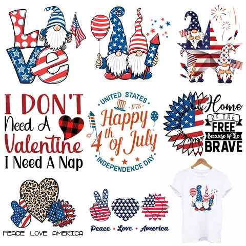 Printed American Flag Gnome Heat Transfer Sticker For Clothing DIY Independence Day Heart Sunflower Iron On Patch