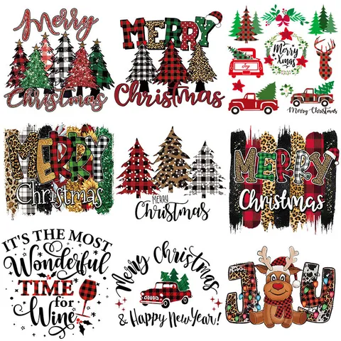 Christmas Heat Transfer Patches Merry Christmas Buffalo Plaid Truck Reindeer Pattern Iron on Decals for Clothing DIY T-Shirts Bags Decoration