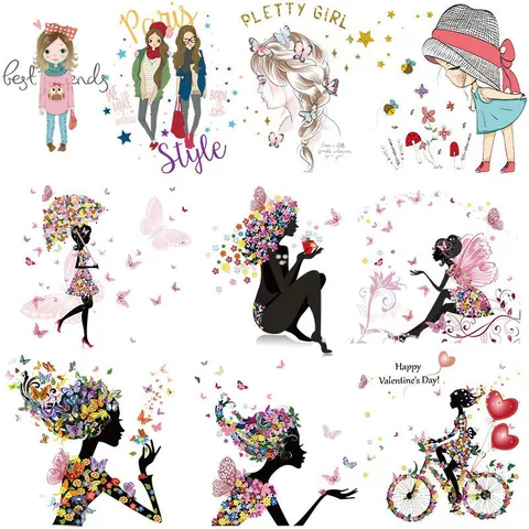 Cute Girl Silhouette Floral Butterfly Heat Transfer Patches For Clothing T-Shirt DIY Decoration Washable Iron On Stickers Aesthetic Art Fashion Labels