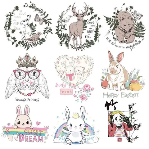 Cartoon Rabbit Heat Transfer Patches For Clothing Iron On Washable Stickers DIY Animal Floral Patches For T-Shirt Bag Decor