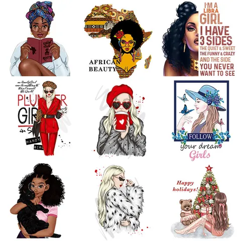 Afrocentric African Woman Heat Transfer Patches Iron On Stickers For Clothing DIY Washable Offset Print Apparel Appliques For T-Shirt Jacket Hoodies Bag