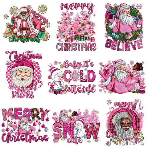 Pink Christmas Santa Claus Heat Transfer Patches For T-Shirt Pink Christmas Tree Snowman Iron On Patches For Clothing DIY Washable Applique