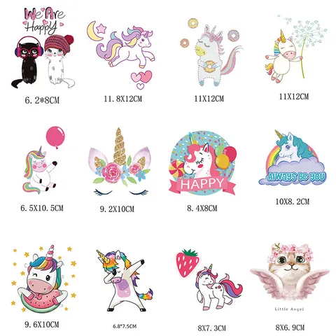 Patch de Transfert Thermique Licorne de Dessin Animé Autocollant Thermocollant Lavable pour Vêtements d'Enfants Décoration DIY