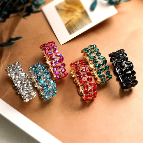 Bracelet Jonc Large Vintage Fleurs et Feuilles Pour Femmes Ton Or Strass en Goutte d'Eau Incrusté Bijoux de Mode Rétro