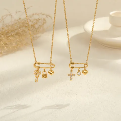 Ins Style Stainless Steel Safety Pin Necklace For Women Gold Plated Rhinestone Cross Heart Key Charms Pendant Necklace Jewelry