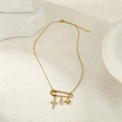 Ins Style Stainless Steel Safety Pin Necklace For Women Gold Plated Rhinestone Cross Heart Key Charms Pendant Necklace Jewelry