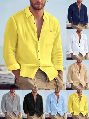 Herren Casual Leinen Baumwolle Hemd Langarm Revers Geknöpft Atmungsaktiv Einfarbig Locker Passendes Hemd Top Für Herren Frühling Herbst