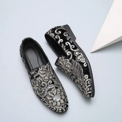 Men Business Casual Loafers PU Rhinestone Printed Floral Sequin Slip-On Dress Shoes For Banquet Formal Party