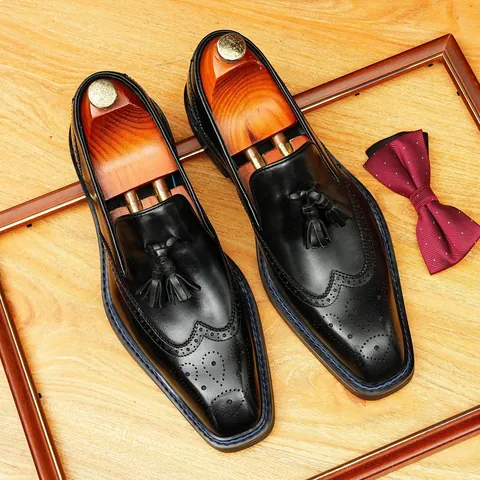 Men Genuine Leather Brogue Loafers Tassel Carving Slip-on Business Casual Dress Shoes British Style Square Toe Loafers