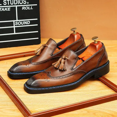 Men Genuine Leather Brogue Loafers Tassel Carving Slip-on Business Casual Dress Shoes British Style Square Toe Loafers