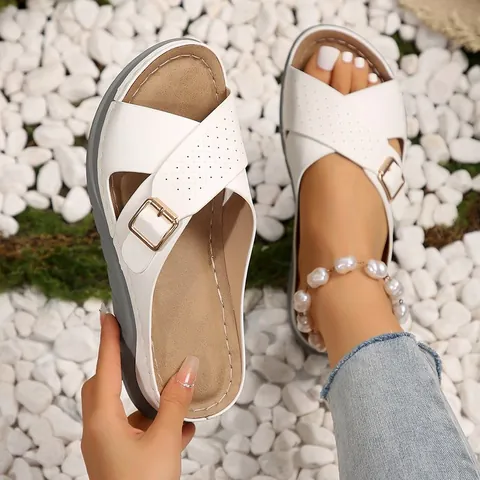 Women Wedge Sandals PU Leather Cross Straps Perforated Summer Beach Platform Sandals With Adjustable Metal Buckle Casual Shoes