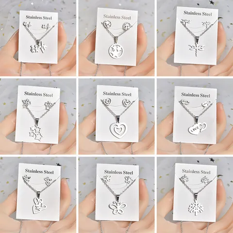 Stainless Steel Silver Jewelry Set Women Heart Butterfly Tree Of Life Pendant Necklace Stud Earrings Set Minimalist Fashion Accessories Gift