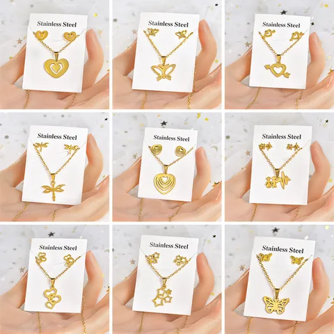 Stainless Steel Jewelry Set Heart Butterfly Star Dragonfly Pendant Necklace And Earrings For Women Men Gold Plated Accessories