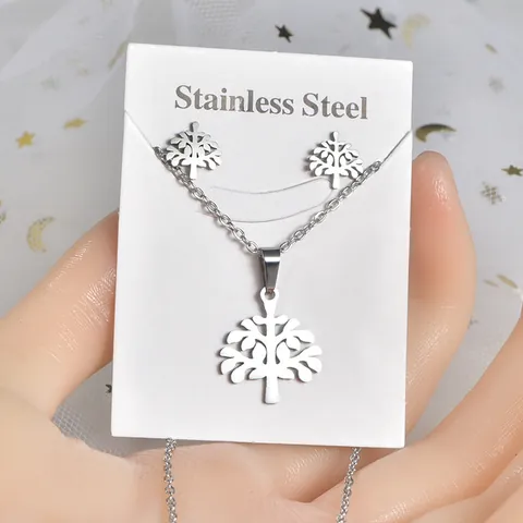 Stainless Steel Silver Jewelry Set Women Heart Butterfly Tree Of Life Pendant Necklace Stud Earrings Set Minimalist Fashion Accessories Gift