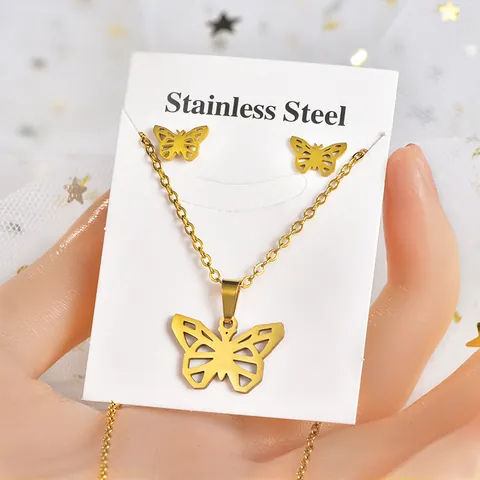 Stainless Steel Jewelry Set Heart Butterfly Star Dragonfly Pendant Necklace And Earrings For Women Men Gold Plated Accessories