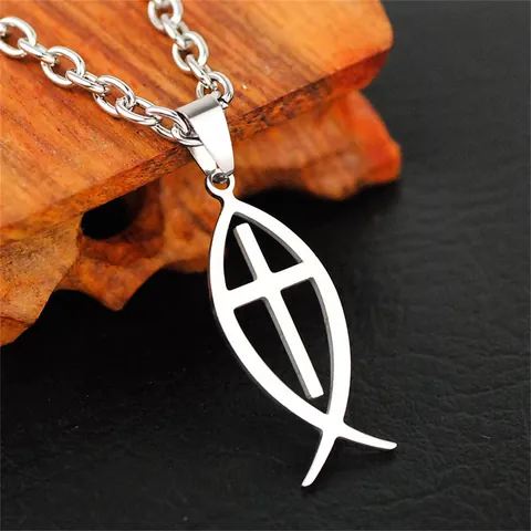 Collier Pendentif Croix et Poisson de Jésus Ichthys en Acier Inoxydable pour Femmes Bijoux Religieux Polis Argent
