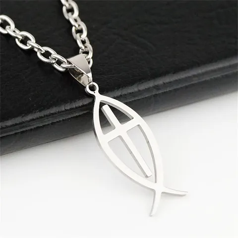 Collier Pendentif Croix et Poisson de Jésus Ichthys en Acier Inoxydable pour Femmes Bijoux Religieux Polis Argent