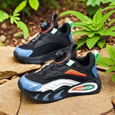 Boys Running Shoes Breathable Mesh Synthetic Leather Sports Sneakers For Kids Students Lightweight Rotating Buckle Shoes