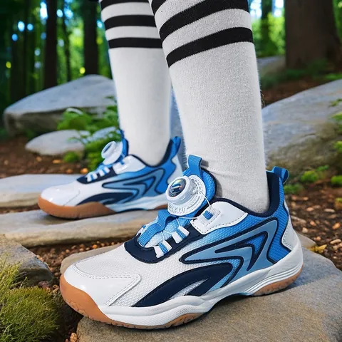 Chaussures de Badminton Professionnelles Enfants Maille Respirante Cuir Synthétique Boucle Rotative Baskets de Tennis