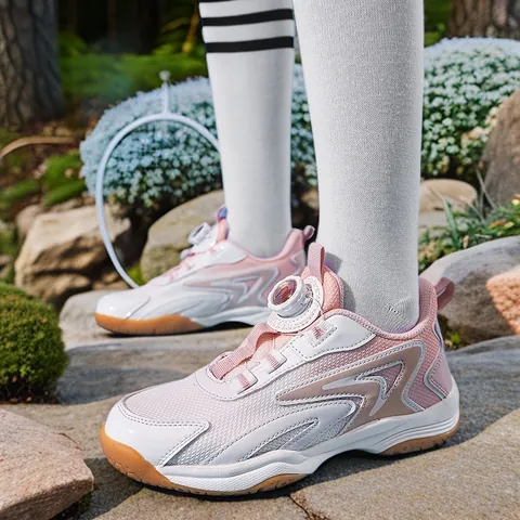 Chaussures de Badminton Professionnelles Enfants Maille Respirante Cuir Synthétique Boucle Rotative Baskets de Tennis