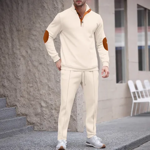 Men American Style Stand Collar Waffle Knit Tracksuit Set Contrast Elbow Patch Long Sleeve Top And Bottom Casual Streetwear