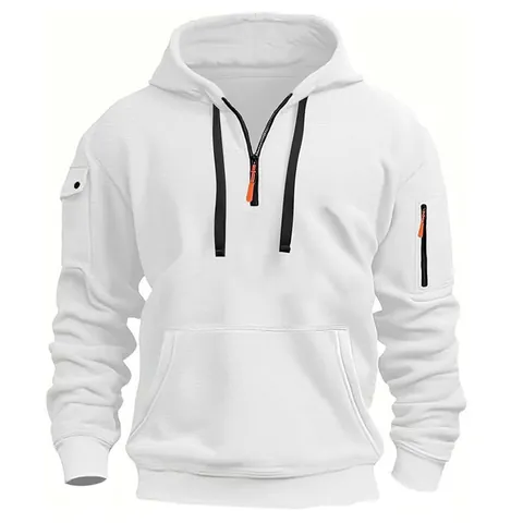 Herren Casual Fleece-Gefüttert Hoodie Stehkragen Halb Reißverschluss Pullover Multi-Tasche Einfarbig Langarm Top Mode Sweatshirt