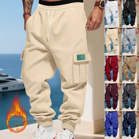 Men Heavyweight Fleece Cargo Sweatpants Loose Fit Multi-Pocket Joggers American Streetwear Warm Winter Casual Bottom
