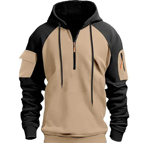 Sweat à Capuche Homme Bloc de Couleur Quart de Zip Style Cargo Multi-Poches en Polaire Manches Longues Hiver Haut Décontracté