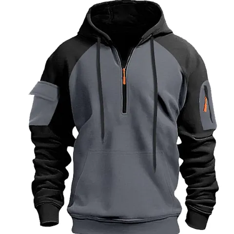 Sweat à Capuche Homme Bloc de Couleur Quart de Zip Style Cargo Multi-Poches en Polaire Manches Longues Hiver Haut Décontracté