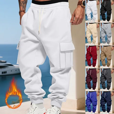 Men Fleece Lined Cargo Pants Heavyweight Winter Warm Sweatpants Multi-Pocket Drawstring Solid Color Jogger Bottom