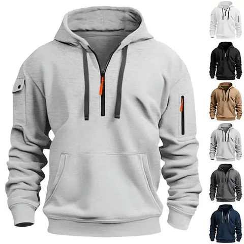 Herren Casual Fleece-Gefüttert Hoodie Stehkragen Halb Reißverschluss Pullover Multi-Tasche Einfarbig Langarm Top Mode Sweatshirt