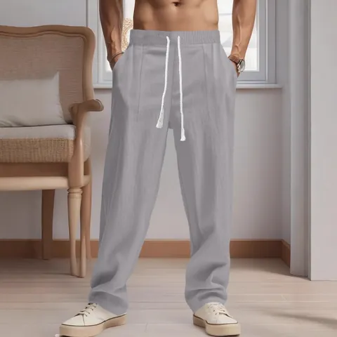 Men Japanese Retro Linen Casual Pants Solid Color Loose Straight Leg Trousers With Drawstring Elastic Waist For Men Spring Autumn Fashion Bottoms