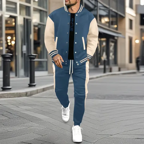 Men's Color Block Patchwork Baseball Jacket And Jogger Pants Top And Bottom Set Casual Knitted Sportswear Tracksuit Outfits
