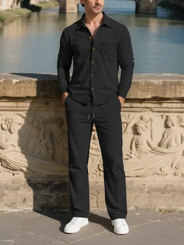 Men's Corduroy Casual Suit Set Long Sleeve Button Down Shirt And Straight Leg Pants Solid Color Two Piece Outfit