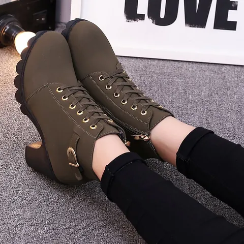 Women's European American Martin Boots Platform Thick Sole Chunky Heel Lace Up Side Zipper Ankle Boots PU Autumn Winter Fashion Boots