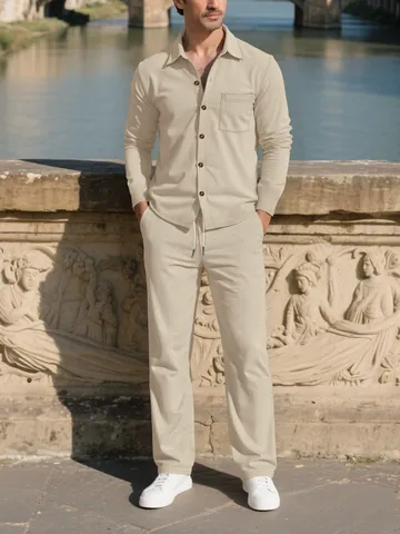 Men's Corduroy Casual Suit Set Long Sleeve Button Down Shirt And Straight Leg Pants Solid Color Two Piece Outfit