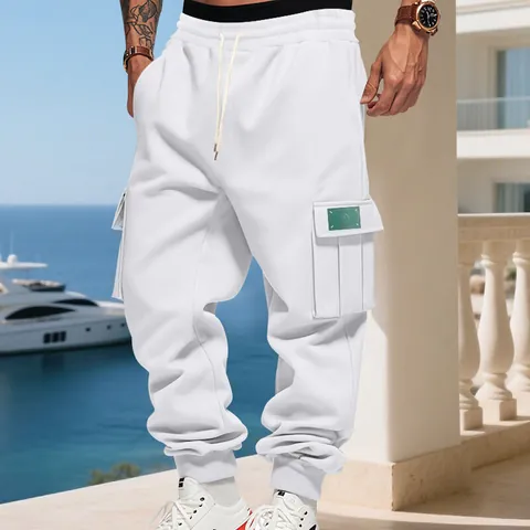 Men Heavyweight Fleece Lined Cargo Sweatpants Loose Casual Outdoor Multi-Pocket Joggers Straight Cuffed Winter Pants