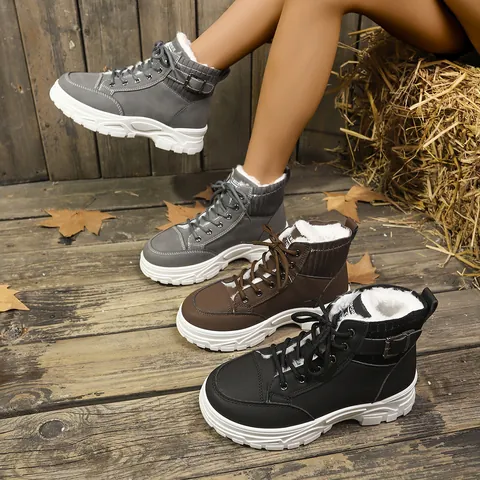 Women's Winter High Top Boots Faux Leather Platform Snow Boots Warm Faux Fur Lined Lace Up Booties With Buckle Outdoor Shoes