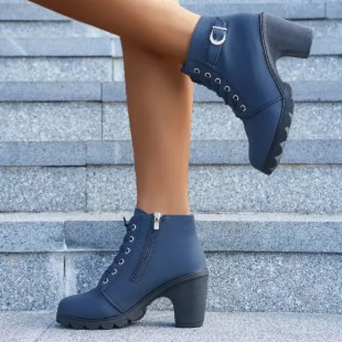 Botines de Tacón Alto Grueso para Mujer Cuero Artificial Esmerilado Cordones Cremallera Lateral Botas Martin Moda Color Sólido